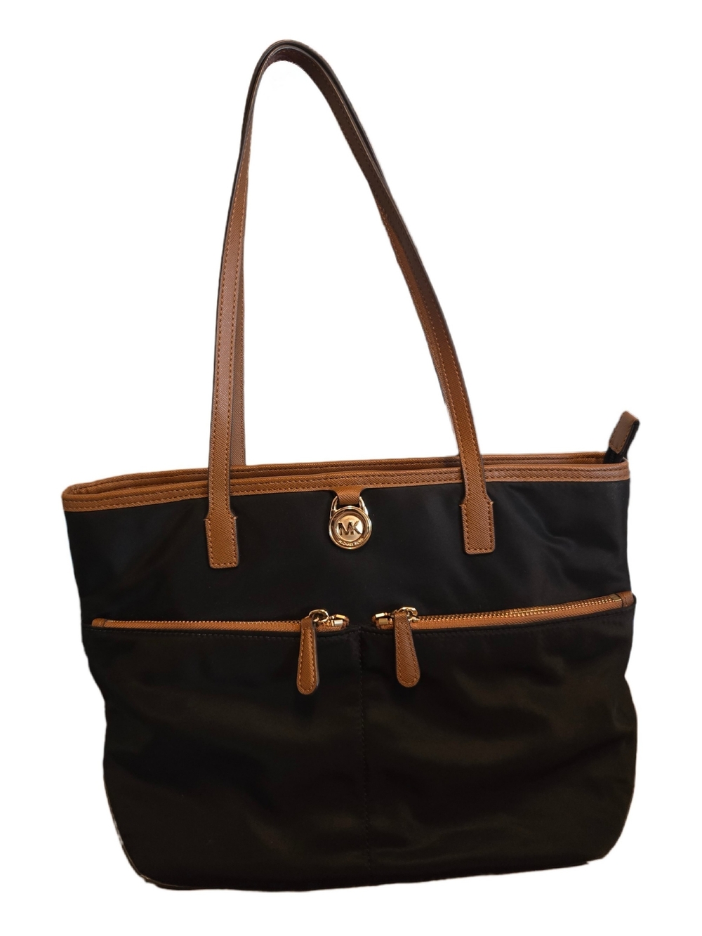Michael Kors Black Tote with Brown Trim and Gold Accent